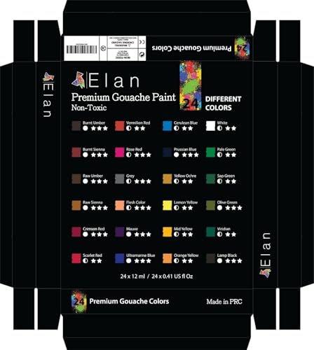 Elan Professional Gouache Paint Set, 24 Rich Colors Gouache Paint Tubes 0.4fl oz, Non-Toxic Mini Tubes for Canvas & Crafts, Art Paints for Adults Elan
