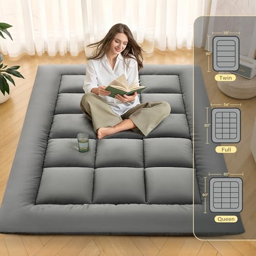 DOWNSTORIA Japanese Floor Mattress, Foldable Futon Mattress Tatami Mat with Handle, Roll Up Dormitory Sleeping Pad for Camping, Guestroom Bed, Full Size, Grey DOWNSTORIA