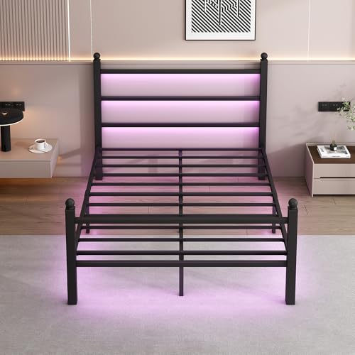 CLIBFENG Queen Bed Frame with Headboard and Footboard,Steel Slats Support-LED Bed Frame with USB Charging Station,Mattress Foundation-Under Bed Storage,No Box Spring Needed,Noise Free,Black CLIBFENG