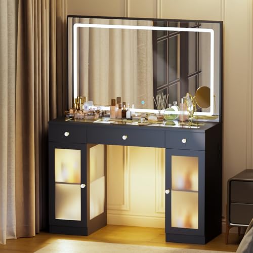 Fkhouse Glass Top Makeup Vanity with Mirror and Lights, Crystal Knobs Vanity Desk with 3 Drawers and Charging Station, Adjustable Lighting Color Makeup Table, Black Fkhouse