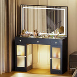 Fkhouse Glass Top Makeup Vanity with Mirror and Lights, Crystal Knobs Vanity Desk with 3 Drawers and Charging Station, Adjustable Lighting Color Makeup Table, Black Fkhouse