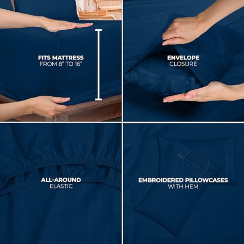 ROYALE LINENS 3 Piece Twin Sheets Set - Soft Brushed 1800 Microfiber Bedding - 1 Fitted and 1 Flat Sheet, 1 Pillow case - Wrinkle Free & Fade Resistant - Hotel Luxury Bed Sheets Set (Navy, Twin) ROYALE LINENS