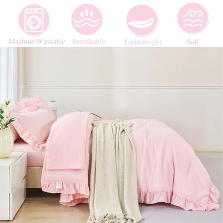 ANGIYUIN 5 Pieces Pink Twin Size Comforter Set for Girls Ruffled Kids Bed in A Bag with Sheet Sets Farmhouse Shabby Bedding Sets with Ruffle Soft Fluffy Bed Sets (Pink Twin) ANGIYUIN