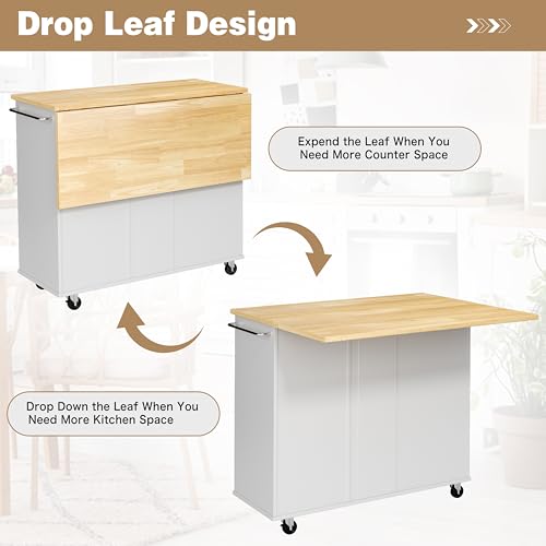 Shintenchi Kitchen Island with Folding Drop Leaf, Rolling Island Table with Storage, Kitchen Cabinet on Wheels with Seating Area for Kitchen, Bar Cart with Cabinet, White Shintenchi