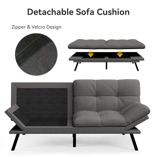 Vipbear Convertible Futon Sofa Bed,Grey Linen Futon Couch with Detachable Cushion,Adjustable Backrest & Armrest,Modern Small Recliner Loveseat Sleeper Couch for Living Room,Office,Apartment Vipbear