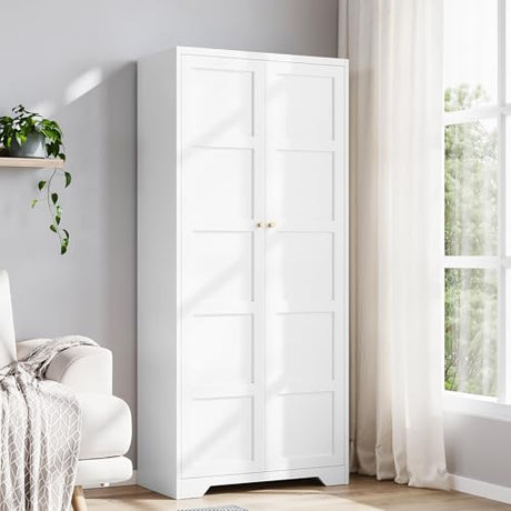 Yizosh Metal Storage Cabinet with 2 Doors and 5 Adjustable Shelves - 71" White Kitchen Pantry Storage Cabinet, 5-Tier Tall Steel Cabinet Locker for Kitchen,Dining Room,Living Room Yizosh