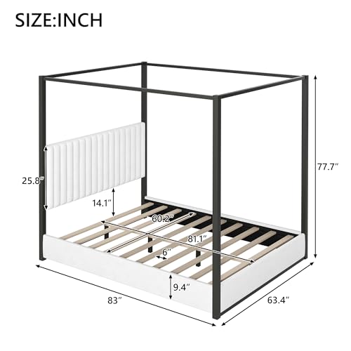 RuiSiSi Queen Size Canopy Bed with Upholstered Headboard, Metal 4-Poster Canopy Bed, Low Profile Platform Bed Frame for Teens, Adults, No Box Spring Needed, Black