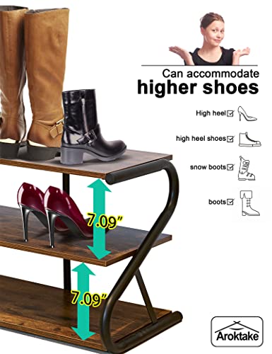 Aroktake 3-Tier Shoe Rack, Wooden Shoe Storage with S Shape Heavy Duty Metal Free Standing, Shoe Organizer Shelf for Entryway, Living Room, Closet, Bedroom (Rustic) Aroktake
