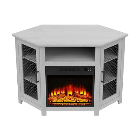 47" Corner Fireplace TV Stand Up to 55" TVs with 18" Electric Fireplace, Rustic Media TV Stands for Living Room, Television Stands with Adjustable Shelves, Entertainment Media Stand (Gray) ELEVARAWOOD