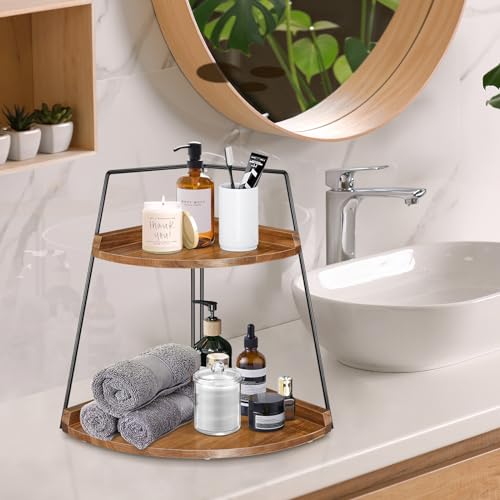 PICKKROSS Acacia 2 Tier Bathroom Counter Organizer, Wood Bathroom Organizer Countertop, Corner Storage Shelf Counter Standing Rack, Cosmetic Vanity Tray Kitchen Spice Rack, Bathroom Decor