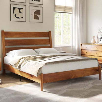 AMERLIFE Mid Century Solid Wood Bed Frame with Reclining Headboard in Light Brown - WoodArtSupply