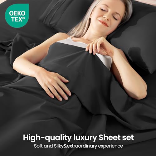 ROSE&RISY Black Full Sheet Set, 4 Pieces Soft Bedding Queen Sheet Set, Breathable and Cooling,Includes 1 Fitted, 1 Flat, 2 Pillow Cases - Deep Pocket (Black, Full) ROSE&RISY