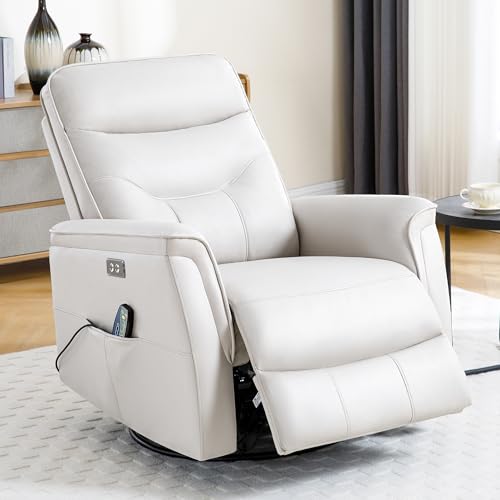 choairy Recliner Chair for Adults, Power Faux Leather Rocker Recliner Massage and Heat, Oversized Swivel Reclining Nursery Chair with USB Ports for Living Room, Office Beige