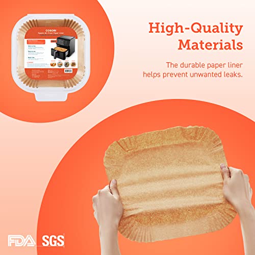 COSORI Air Fryer Liners, 100 PCS Square Disposable Paper Liners, Non-Stick Silicone Oil Coating, Little to No Cleaning, 7.9" Unbleached Food Grade, Resistant to 465°F, Thickened Not Easy to Break COSORI