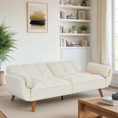 Trygoal Convertible Futon Sofa Bed, Modern Futon Couch with 2 Pillows, Small Futons Couch with Adjustable Armrest & Backrest, Loveseat Sofa Bed for Living Room, Bedroom, Beige Trygoal