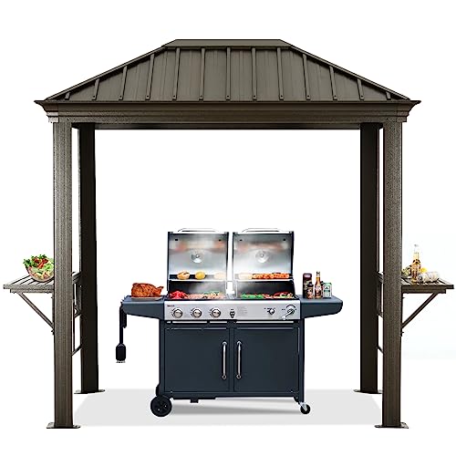 ABCCANOPY Grill Hardtop Gazebo 6x8 - Outdoor Metal Hard Top Gazebo, Permanent Galvanized Steel BBQ Gazebo Aluminum Framed Pavilion with Shelves for Patio Backyard Lawn Garden (Single Roof, Dark Brown)