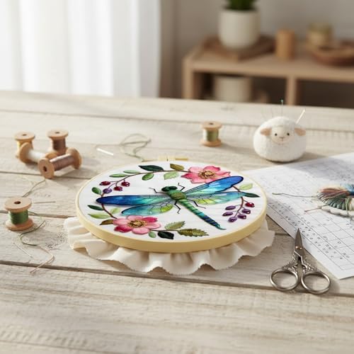 Dragonfly Floral Embroidery Kit for Adults - 11.81x11.81in Pre-Stamped Pattern Cross Stitch Kit with 7.87 Inch Bamboo Hoop, Floss, Needles - DIY Craft Kit for Home Decoration & Gift Giving