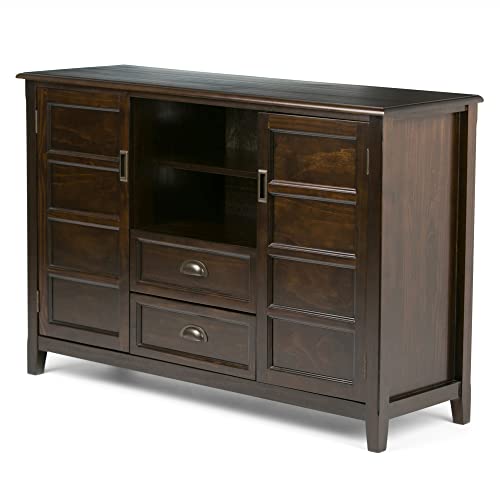 SIMPLIHOME Burlington SOLID WOOD Universal TV Media Stand, 54 inch Wide, Traditional, Living Room Entertainment Center with Storage, for Flat Screen TVs up to 60 inches in Mahogany Brown SIMPLIHOME