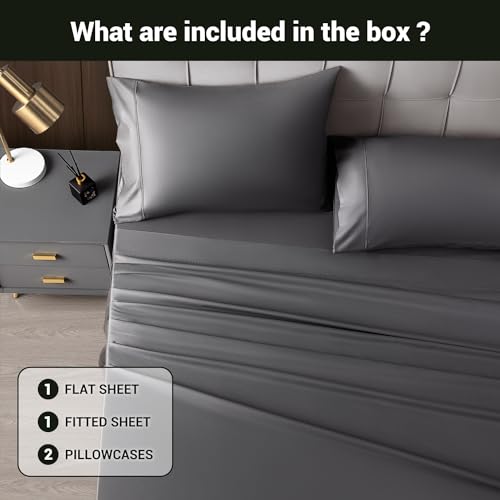 Shilucheng 4 Piece King Sheet Sets, Cooling Sheets, Blend Rayon Derived from Bamboo, Deep Pocket Up to 16", Breathable & Soft Bed Sheets, Hotel Silky Bedding Set, Dark Grey