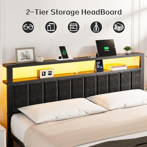 OLEVS King Bed Frame with Charging Station & LED Lights, Modern Platform Bed with Upholstered Storage Headboard, No Box Spring Needed Noise Free OLEVS
