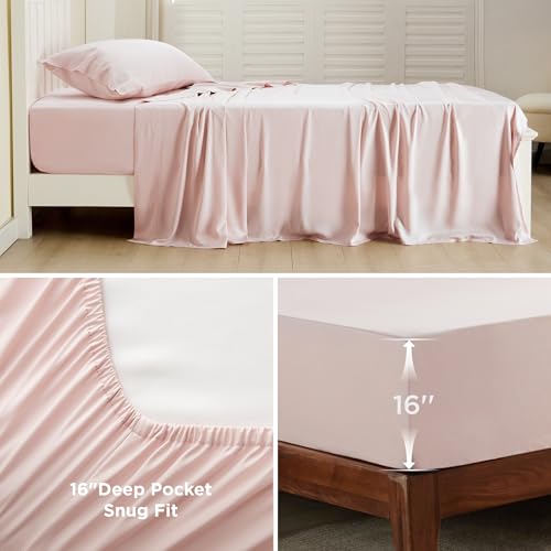 Bedsure Cooling Sheets Twin, Rayon Derived from Bamboo, Breathable & Soft Twin Sheets Set, Deep Pocket Up to 16 Inches, Hotel Luxury Silky Bedding for Hot Sleepers, Pink Bedsure