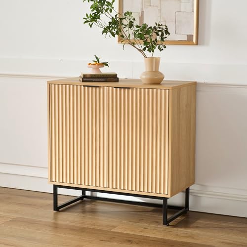 EYYTHUNG Fluted Storage Cabinet Sideboard Buffet Cabinet, Modern Accent Cabinet with Adjustable Shelves, Wooden Credenza, Console Table Entryway Cabinet for Living Dining Room, Natural Oak