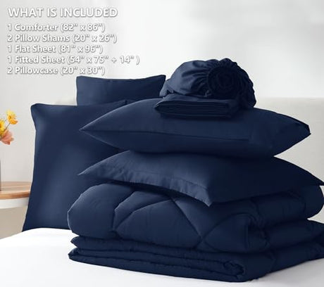 CozyLux Full Size Comforter Sets Navy Blue - 7 Pieces Bed in a Bag Full, Luxury Soft Bed Set for All Seasons, Bedding Set with Down Alternative Comforter, Sheets, Pillowcases & Shams CozyLux