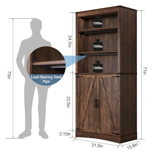 Tall Farmhouse Kitchen Pantry Cabinet with Adjustable Shelves and Barn Doors - Hlivelood 71" Brown Storage Solution - WoodArtSupply