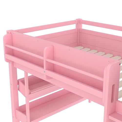 Bellemave Twin Loft Bed with Storage Boxes and Bookshelves, Solid Wood Kids Loft Bed with Desk and Blackboard, Low Loft Beds Frame for Kids, Girls, Boys, Childlike Design, Pink Bellemave