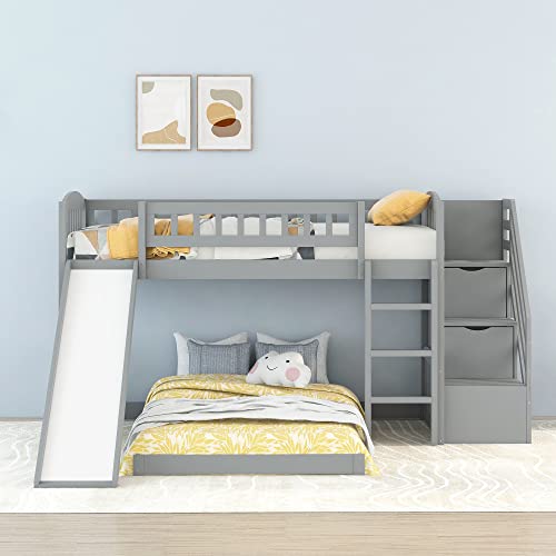 Twin over Twin Low Bunk Bed Frame with Slide and Storage Drawers for Kids - Grey - WoodArtSupply