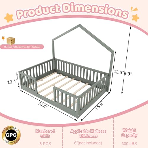 Mirightone Full Floor Bed with High Rails, Wooden Montessori Bed Frame with Single Color Light and House Shape Design, Low Profile Beds for Kids, Boys and Girls, Grey Mirightone