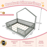 Mirightone Full Floor Bed with High Rails, Wooden Montessori Bed Frame with Single Color Light and House Shape Design, Low Profile Beds for Kids, Boys and Girls, Grey Mirightone