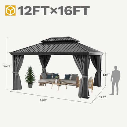 DWVO 12x16ft Hardtop Gazebo Double Roof with Nettings and Curtains, Heavy Duty Galvanized Steel Outdoor Vertical Stripes Roof for Patio, Backyard, Deck, Lawns, Gray - WoodArtSupply