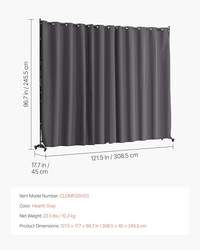 VEVOR Room Divider, Portable Panel Room Divider with Wheels Curtain Divider Stand, Freestanding Room Divider Privacy Screen for Office, Bedroom, Dining Room, Study, Gray VEVOR