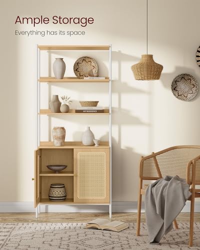 Boho-Style 6-Tier Bookcase with Rattan-Like Door, Freestanding Oak Beige and Pearl White Storage Shelf by VASAGLE - WoodArtSupply