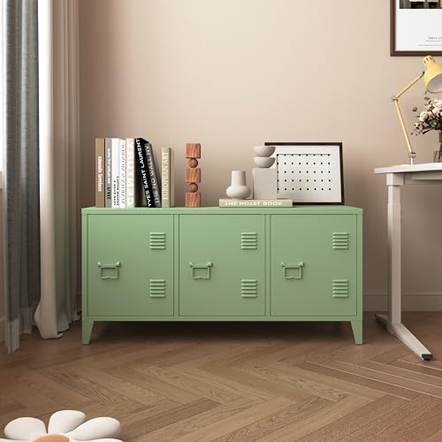 MIOCASA Metal Storage Cabinet,3 Door TV Stand, Metal TV Cabinet with Storage Locker,Low Corner Cabinet with Handles and Shelf for Home,Office(Green) MIOCASA