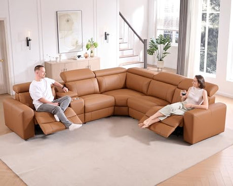 AMERLIFE Power Recliner Sectional Sofa with Storage/USB Port, Leather Recliner Sofa with Adjustable Headrest, Reclining Sectional Couches with Console and Cup Holder for Living Room (Brown, 5-Seater) AMERLIFE