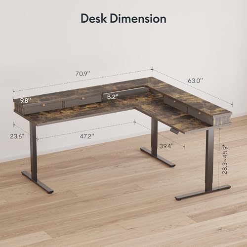 SANODESK 71" L Shaped Standing Desk with 4 Drawers, Height Adjustable Stand up Desk, Corner Gaming Desk with Monitor Stand, Black Frame/Rustic Brown Top SANODESK