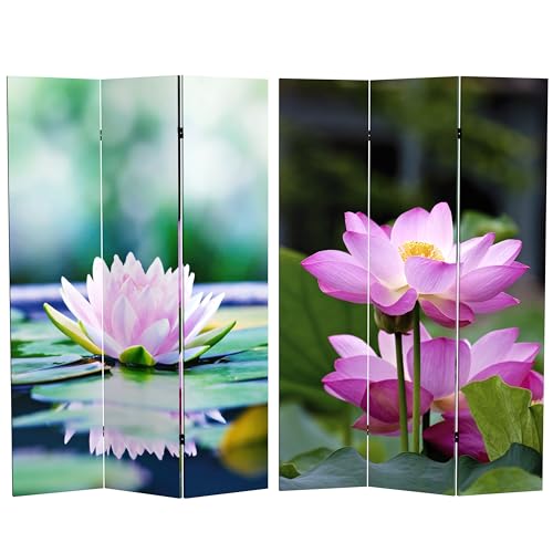 Red Lantern 6 ft. Tall Double Sided Lotus Blossom Canvas Room Divider, Multicolor Red Lantern