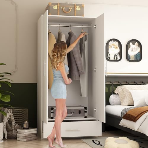 AIEGLE 2 Doors Wardrobe Armoire with Drawer, Freestanding Armoire Wardrobe Closet with Hanging Rod, Bedroom Wood Clothes Storage Cabinet Organizer in White (31.5" W x 18.9" D x 66.9" H) AIEGLE
