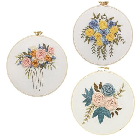 LEISURE ARTS Embroidery Kit, 3 Pc. Floral, 6" Embroidery Kit for Beginners and Adults, Cross Stitch Kits with Patterns, DIY Starter Kit for Hand Stitching Crafts LEISURE ARTS