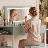 Cyclysio Vanity Desk with Flip Top Mirror and Lights, Makeup Vanity Desk with Drawers, Dressing Table with Storage Shelves & Charging Station, Small Vanity for Small Spaces, Green Cyclysio