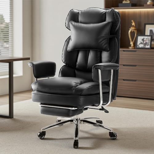 Sweetcrispy Executive Home Office Desk Chair - Ergonomic Big Tall High Back with Footrest & Lumbar Support, Reclining Height Adjustable, Comfy PU Leather Computer Gaming with Swivel Wheels, Black Sweetcrispy