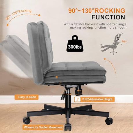 COMHOMA Cross Legged Office Chair with Wheels Armless-Office Desk Chair, Modern Vanity Computer Task Chairs for Home Bedroom, Comfortable Wide Seat for Lower Back Pain Relief, Soft Velvet, Gray COMHOMA