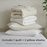 Powdion French Linen Quilt King, Pre-Washed Linen Front and Cotton Back European Comforter, Lightweight Breathable Cotton Quilt King Size for All Season, 3 Pcs Box Stitch Beige King Quilt Powdion