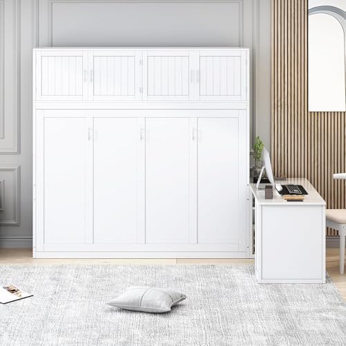 Virubi Queen Horizontal Murphy Bed with Desk and Storage Cabinets,Wood Murphy Wall Bed Queen Size Fold Up Bed Adult Murphy Bed Cabinet Queen Hideaway Bed for Guest Room Living Room Bedroom (White) Virubi