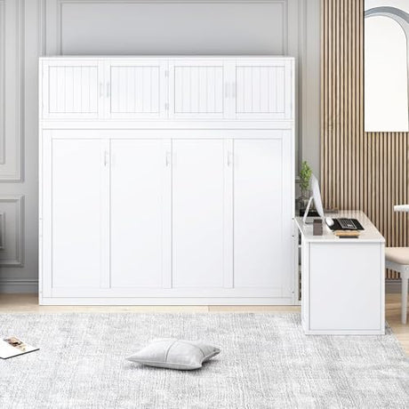 Virubi Queen Horizontal Murphy Bed with Desk and Storage Cabinets,Wood Murphy Wall Bed Queen Size Fold Up Bed Adult Murphy Bed Cabinet Queen Hideaway Bed for Guest Room Living Room Bedroom (White) Virubi