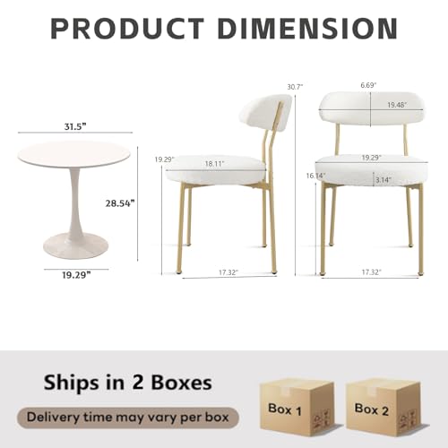 SoarTalent 3-Pieces 31.5" Round Dining Table Set for 2, White Dining Table & Boucle Upholstered Dining Chairs Set of 2 for Kitchen Dining Room Apartment Small Space(White-Gold Leg Chair) SoarTalent
