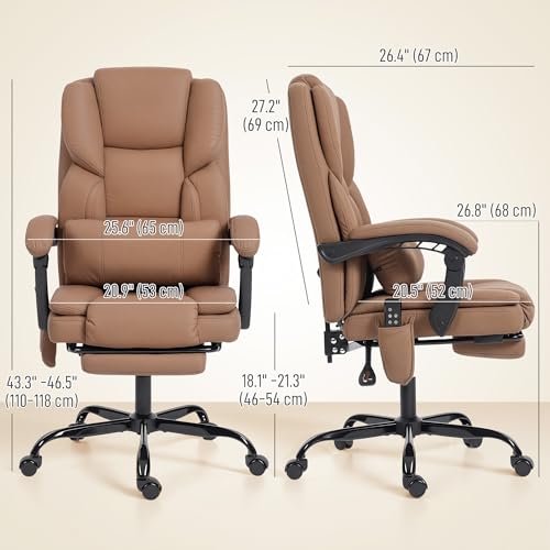 HOMCOM Massage Office Chair with 6 Vibration Points, Pet-Friendly Faux Leather, Reclining Desk Chair with Lumbar Support, Footrest, Adjustable Height, Swivel Wheels, Remote, Brown HOMCOM