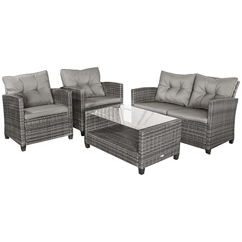 Outsunny 4 Pieces Patio Furniture Sets with Cushions, PE Rattan Wicker Conversation Chairs with Two-Tier Coffee Table for Backyard Porch Garden Poolside and Deck, Gray - WoodArtSupply